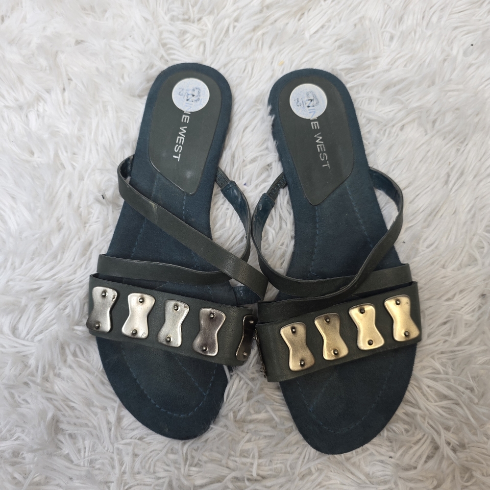 Nine west blue leather flip flops sandals sz 6.5